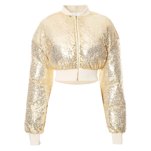 Detailed view of the sparkling gold sequins and silver zipper on this women's cropped jacket
