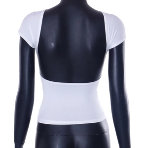 Detailed back view of white short-sleeve top featuring deep U-shaped open back cutout