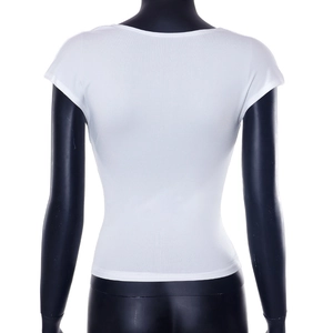 Back view of a white slim-fit short sleeve T-shirt with high elasticity and fine knit texture