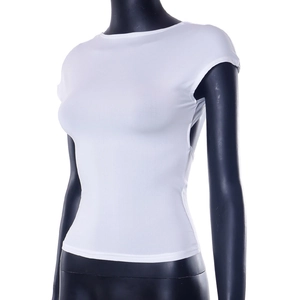 Detail of white slim-fit cap sleeve t-shirt fabric texture and fine stitching on mannequin