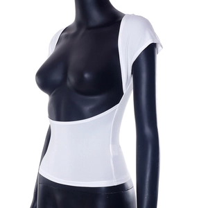 Detail of white slim-fit knitted top featuring a deep open back and high-elastic fabric