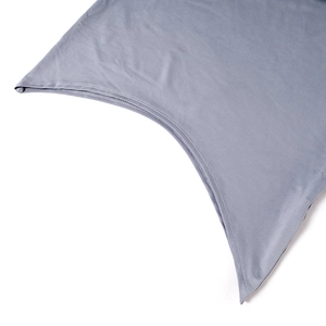 Detail of grey-blue knit dress showing high-quality double-needle stitching and fabric texture