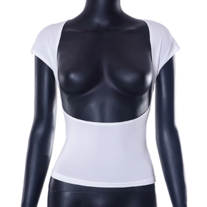 Detail of white open bust crop top with elastic wide waist band for women