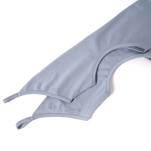 Close-up of the fine flatlock stitching and Morandi grey-blue elastic fabric on dress