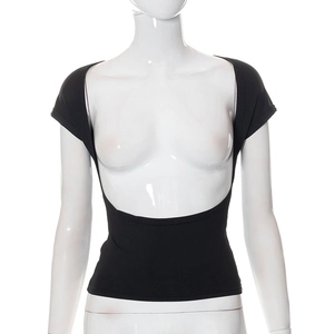 Detail of black open-front cut-out cropped top on a mannequin with high-stretch knit fabric