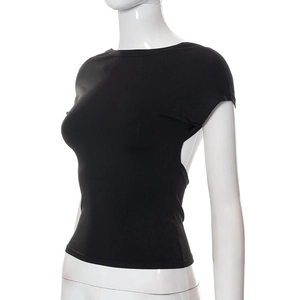 Close-up of black slim-fit open back top with side cut-out detail on mannequin