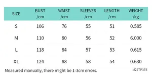 Detailed size guide table with measurements for long sleeve padded crop puffer jacket