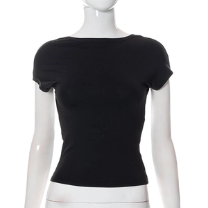 Detailed view of black slim-fit short-sleeve T-shirt with fine texture on a mannequin