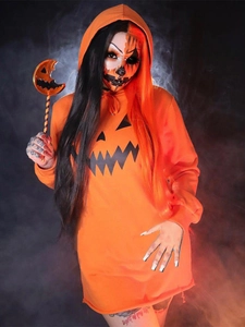 Abito a felpa con cappuccio arancione con stampa zucca Halloween e coulisse regolabile