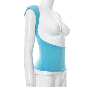 Detailed side view of backless sky blue knitted crop top with wide shoulder straps