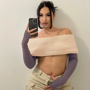 Women's chic contrast knit set with beige off-shoulder tube top and purple sleeves