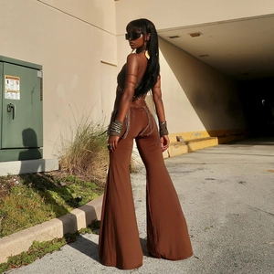 Pantalones de campana marrón oscuro de cintura alta para mujer con estilo retro