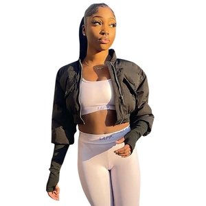 Women's black quilted cropped bomber jacket with stand collar and sleeve zip pockets