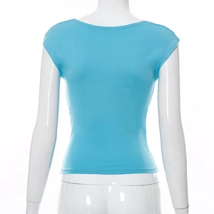 Detail view of the sky blue slim fit top featuring a backless cutout and seamless stitching