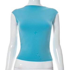 Detail of slim fit backless top in sky blue knit fabric on a white mannequin