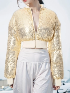 Women's glamorous gold sequin cropped bomber jacket with zipper and ribbed collar