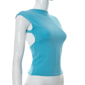 Detail of light blue backless crop top featuring side cutouts on a white mannequin