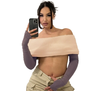 Off-shoulder long sleeve crop top with contrast purple sleeves and thumbholes