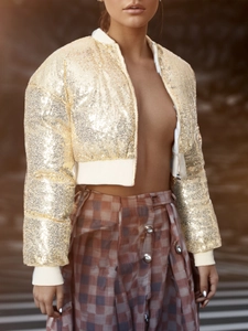 Women's gold sequin cropped bomber jacket with zip and ribbed collar for casual style