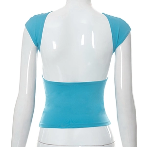 Rear view of sky blue slim fit top featuring a deep U-shaped open back design
