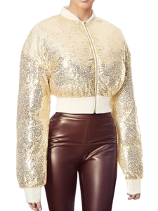 Women's gold sequin cropped bomber jacket with zip-up front and ribbed trim