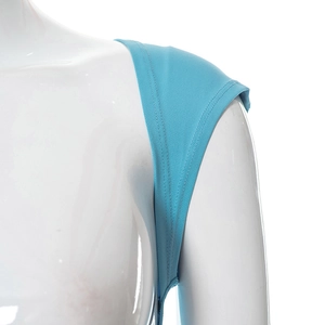 Detailed close-up of blue backless top with reinforced double-needle stitching quality