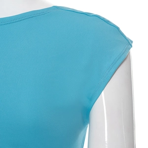 Close-up of sky blue round neck sleeveless top showing seamless knit fabric and stitching
