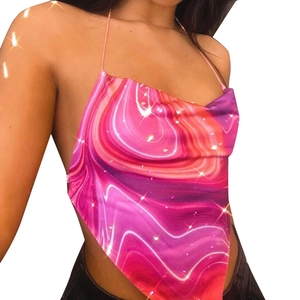 Pink and purple marble print halter top with backless satin scarf design for women