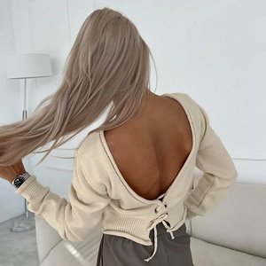 Crop Top en Tricot Sexy pour Femmes Dos Nu Lacet Manches Longues Col en V Tricot Côtelé Streetwear Coupe Ajustée Haut Uni