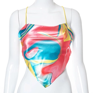 Detailed view of the silk satin scarf-style camisole featuring abstract watercolor prints