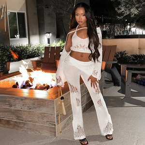 Women Distressed Crochet Knit Top And Bottom Halter Crop Top With Shrug And Flared Pants Y2K Bohemian Street Style Clothes