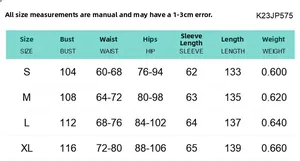 Size chart for slim fit long sleeve jumpsuit with bust, waist, and hip measurements