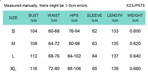 Size chart for slim fit long sleeve jumpsuit with bust, waist and hip measurements