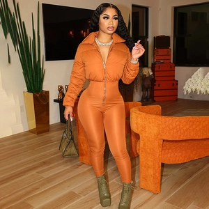 Women Autumn Winter Long Sleeve Zipper Lapel Slim Puffer Jumpsuit Quilted High Waist Bodycon Leggings Solid Color Catsuit