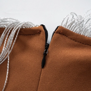 Detalle de los pantalones de cintura alta con cremallera invisible y flecos de plata