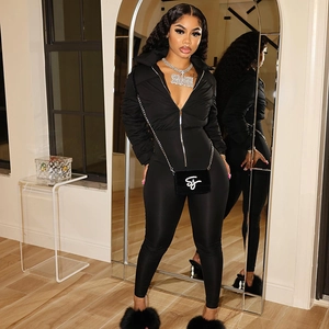 Slim fit black long sleeve zip jumpsuit for women with turn-down collar style