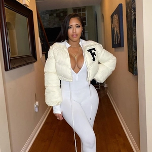 Short cropped puffer jacket for women in cream white with letter F embroidery