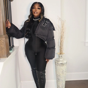 Women's black short puffer jacket with embroidered letter F and stand collar style