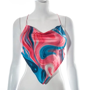 Detail of pink and blue marble print halter top with draped neckline and silk finish