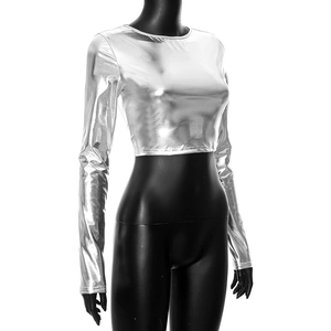 Detail of slim fit long sleeve crop top in metallic silver fabric with round neck