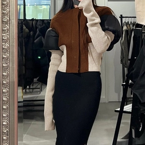 Slim fit color-block patchwork jacket with zipper and buttons for autumn winter wear