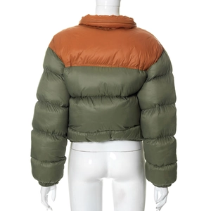Rear view of a two-tone puffer jacket in olive green and burnt orange with a stand collar