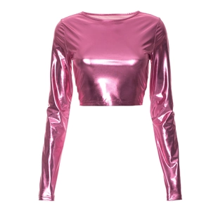 Macro detail showing metallic pink long sleeve crop top with shiny mirror-like fabric texture