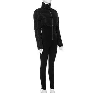 Detailed view of women's black quilted long sleeve zip-up slim fit hooded jumpsuit
