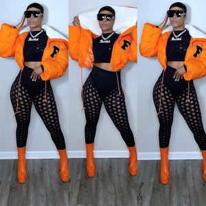Three-way view of orange puffer jacket with faux shearling lining and black cutout leggings