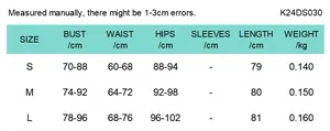 Detailed size chart for backless slim fit dress with bust, waist, and hip measurements