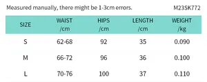 Detailed size chart for women's casual mini skirt showing waist and hip measurements