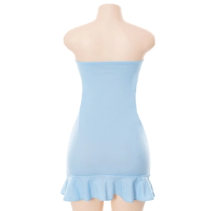 Vue arrière d'une mini-robe bustier bleu clair avec ourlet volanté et coupe ajustée