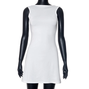 Detail of white sleeveless bodycon dress with high-elastic fabric and sleek neckline