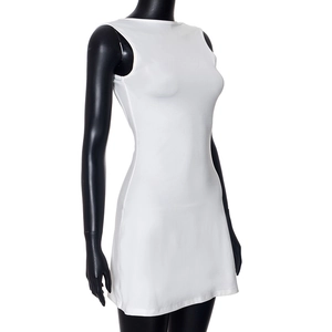 Detail view of white sleeveless bodycon mini dress on mannequin showing slim fit cut